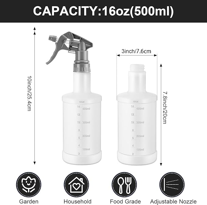 Eccliy 12 Pcs 16 Oz Plastic Spray Bottle, Adjustable Empty Reusable Sprayer for Cleaning, Planting, Water, Bathroom and Kitchen, BBQ, Commercial and Residential(Grey, Measurement)