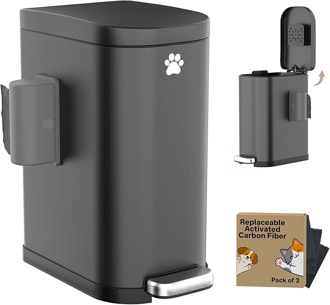 Dog Poop Trash Can Outside with Odor Control Lid & Step Pedal, 3.2Gal Stainless Steel Outdoor Trash Can, Waterproof Dog Waste Container - Includes 3 Carbon Filters & Bin Bag Holder