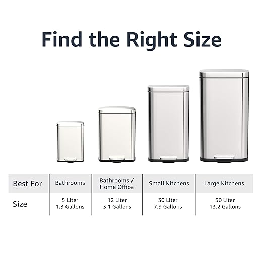 Amazon Basics Smudge Resistant Rectangular Trash Can With Soft-Close Foot Pedal, Brushed Stainless Steel, 30 litre/7.9 Gallon, Satin Nickel Finish, 13.8"L x 11.8"W x 25"H