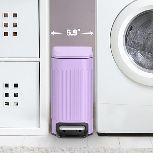 TrashAid Slim Bathroom Trash Can with Lid Soft Close, 6 Liter/1.6 Gallon Stainless Steel Small Garbage Can with Removable Inner Bucket, Step Pedal, Slim Wastebasket for Toilet, Office, Bedroom, Purple