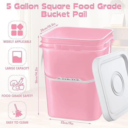 Vesici 6 Pcs 5 Gallon Food Grade Square Buckets with Lids 5 Gal Plastic Food Storage Square Bucket Heavy Duty Industrial Pail Container with DIY Label Stickers Handles for Water Painting(Pink)