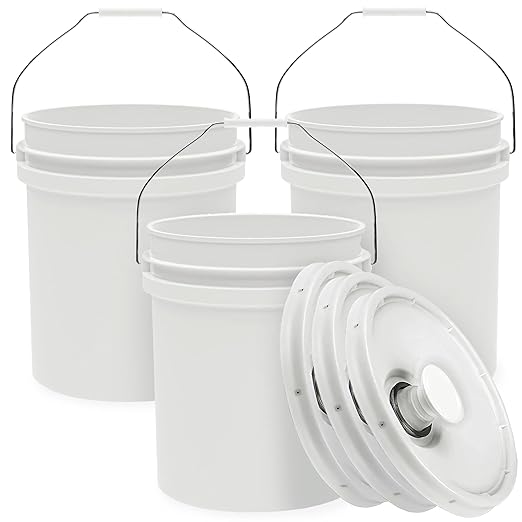 5-Gallon White Bucket Pail with Spout Lid, Metal Handles with Plastic Grip for Easy Carrying, Easy Stack and Store, Heavy-Duty Extra Durable, Food Grade, BPA Free - 3 Pack