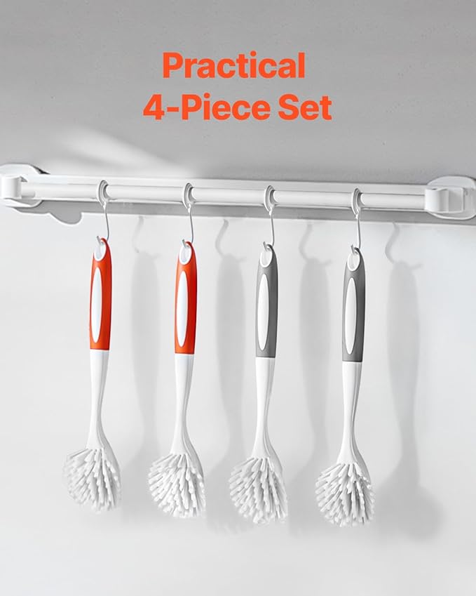 VEVOR Dish Brush, 4 Pack Kitchen Scrub Brushes with PP Handle, Dish Cleaning Brushes with Curved Bristles, Ideal for Pots, Pans, Sink and Stove, 2 Gray + 2 Orange
