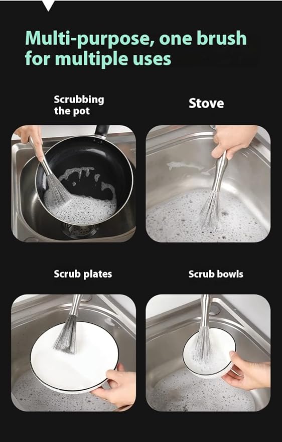 Kitchen Stainless Steel Deep Cleaning Brush, One-Piece Molding Process, Hands-Free Cleaning, Suitable for Frying Pans, Plates, Bowls, 10 Inches