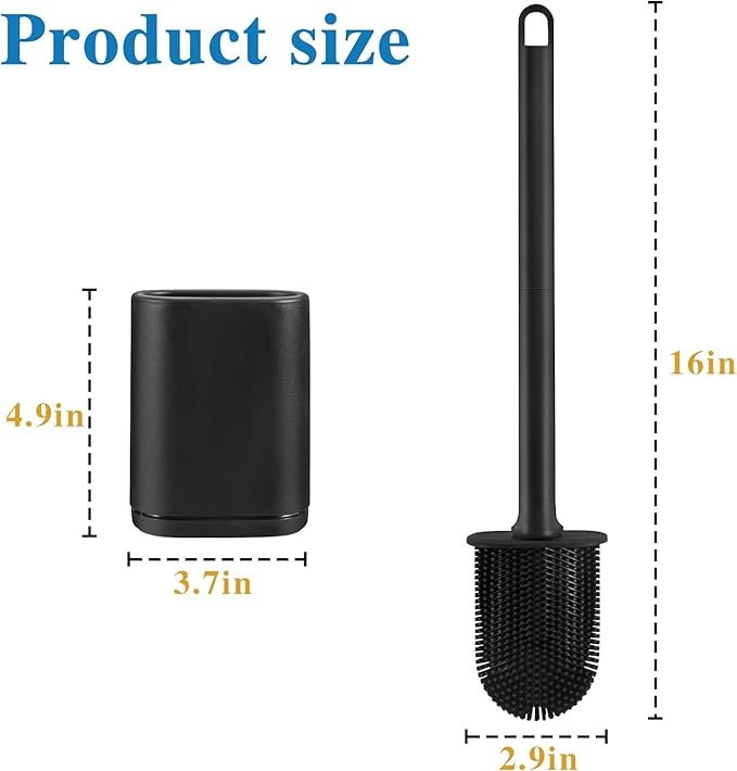 Silicone Toilet Brush and Holder Bendable Efficient Cleaning Wall Mounted Toilet Bowl Brush with Long Handle Brush Head and Silicone Bristles No Rusty Handles Problem (Black)