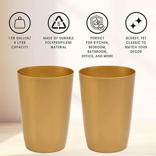 Mini Waste Basket - Pack of 2 Durable Small Plastic Garbage Trash Can Bin - Lidless Open-Top Rectangular Slim Profile for Compact Spaces - Suitable for Home, Bathroom, Office & More, Soft Brass