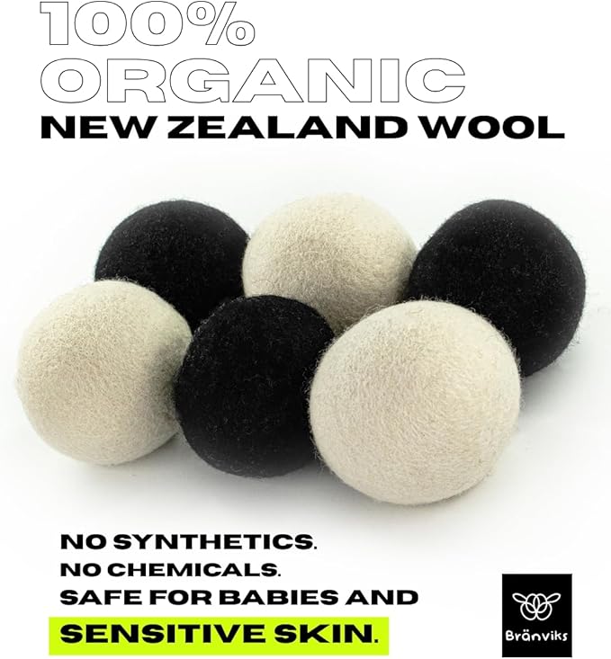 Wool Dryer Balls – 6 XL Balls (White & Black Set) – Premium Natural Fabric Softener – 100% New Zealand Wool – Reusable, Eco-Friendly, Reduces Wrinkles & Static