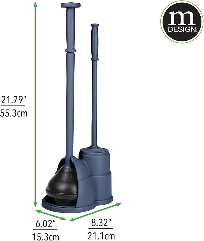 mDesign Plunger and Brush Set for Toilet Bowl - Hidden, Modern Toilet Brush and Plunger Set with Caddy - Brush Cleaner and Plunger Combo with Holder for Bathroom - Hyde Collection - Navy Blue