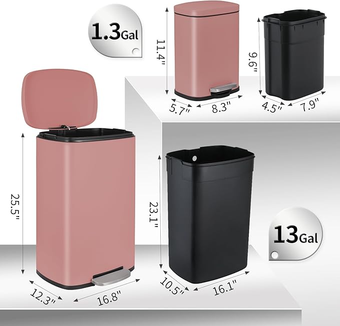 13.2+1.3 Gallon Trash Can Combo Set, Stainless Steel Garbage Bin with Pedal, Removable Inner Waste Bucket, Anti-Fingerprint, Soft-Close Locking Lid Dustbin for Kitchen, Bathroom, Office