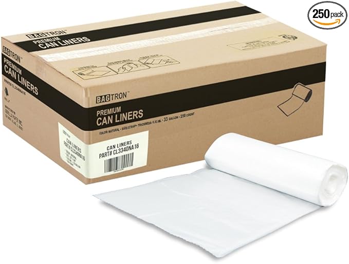 33 Gallon Trash Bags, 16 Micron High Density Pure HDPE Garbage Can Liners Bulk, 33" x 40", Natural Clear, 250 Count