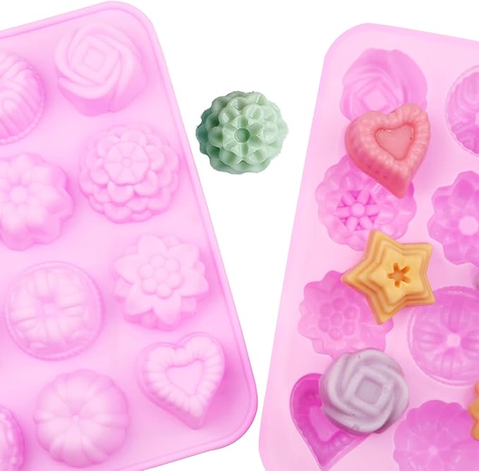 4 Pcs Flower Silicone Soap Molds-12 Cavities for Soap Making, Bath Bombs, Shower Steamers, Lotion Bars, Chocolate, Candy