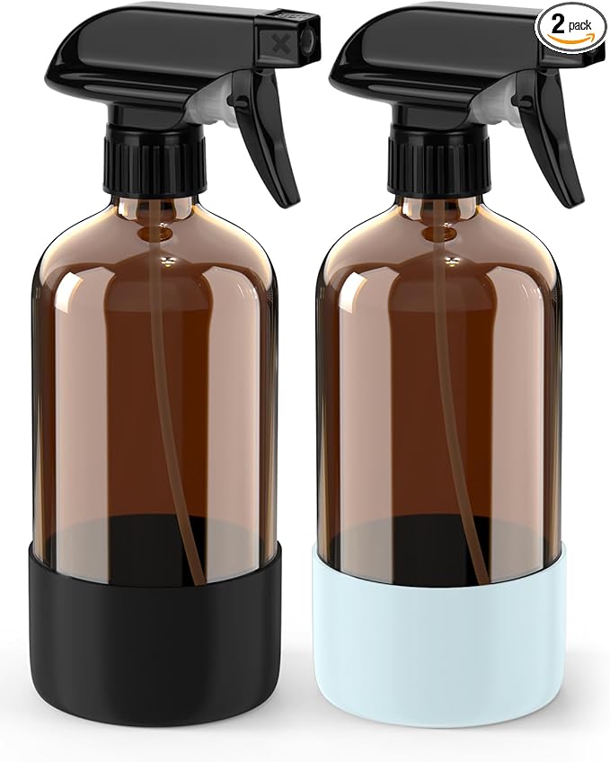 Glass Spray Bottle with Silicone Sleeve Protection, Amber Glass Spray Bottle Set for Window Cleaner Aromatherapy Facial Hydration Watering Flowers Hair Care 2 Pack/16 oz (Black & Blue, 16 oz)