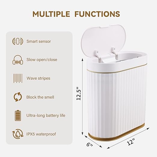 ELPHECO Bathroom Trash Can with lid 2.5 Gallon Waterproof Motion Sensor Wastebasket, Automatic Trash Bin Bathroom Decor for Bedroom and Office White with Golden Trim