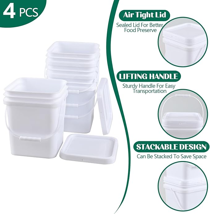 5 Gallon Square Food Plastic Bucket with Lids, White All Purpose Pail with Plastic Handle and Lid, Pack of 4