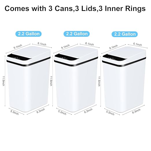 Bathroom Automatic Trash Can 3 Pack 2.2 Gallon Motion Sensor Touchless Small Slim Garbage Can with Lid Smart Electric Narrow Garbage Bin for Bedroom Living Room Office Kitchen (White)