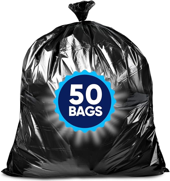 Veska 55 Gallon Trash Bags Heavy Duty, (Value-Pack 50 Count w/Ties) 55-60 Gallon Trash Bags Large Black 50-60 Gallon Garbage Liners for Lawn, Leaf, and Commercial