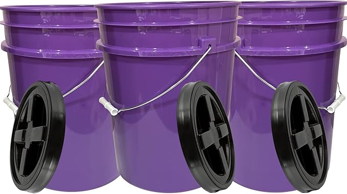 House Naturals 5 Gallon Purple Food Grade Plastic Bucket with Screw on Airtight lid, BPA Free, Made in USA (Pack of 3) (Purple Buckets with Black lids)