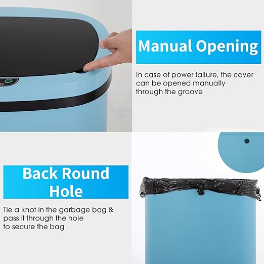 BestOffice | 13 Gallon Plastic Trash Can with Lid | Blue | Automatic Touchless Garbage Can | Odor Control | Modern Oval Design | Easy to Clean | Fits Any Kitchen, Bathroom, Office or Home
