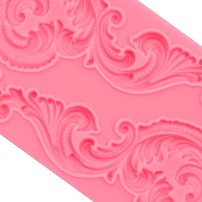 Baroque Scroll Silicone Fondant Mold, Vintage Decorative Pattern for Cake Decorating, Pink
