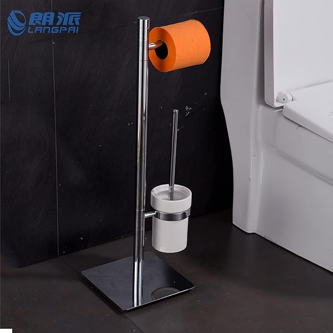 Freestanding Toilet Brush and Paper Holder Set Superior Hotel Luxury Style Join Roll Paper and Toilet Brush Non-Skid Sturdy Floor Stand Brass Chrome with White Ceramic Cup