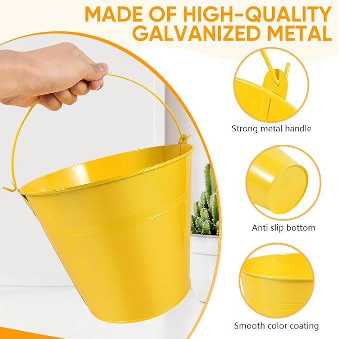 OBTANIM 7 Pack Yellow Metal Buckets with Handle Galvanized Ice Pails for Plants, Succulents, Party Favors Organizing, Rustic Home Decor or Classrooms Pencil Storage (9.1 x 6.7 inch)