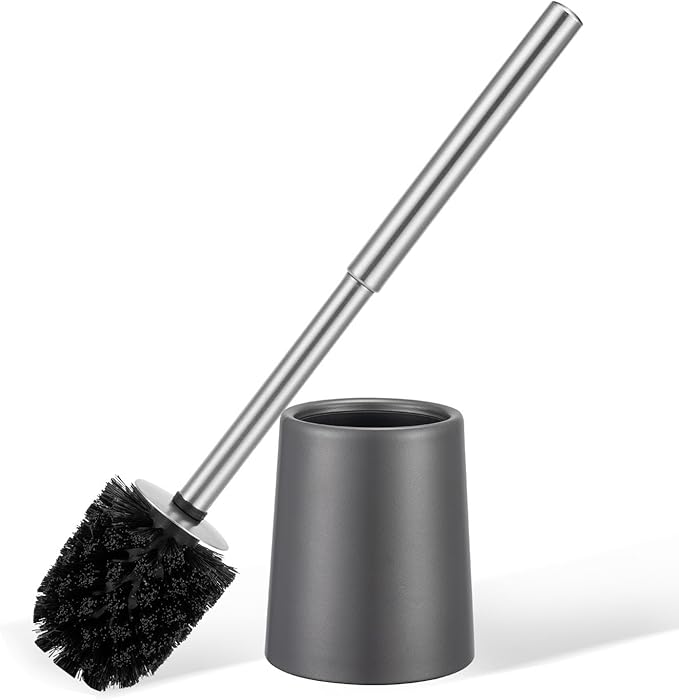 Toilet Brush and Holder Case Coated Metal Case and Stainless Steel Handle Toilet Cleaning Brush Double Layer Holder Long Brush Handle High Density Bristles Toilet Bowl Brushes Grey
