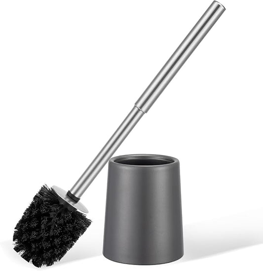 Toilet Brush and Holder Case Coated Metal Case and Stainless Steel Handle Toilet Cleaning Brush Double Layer Holder Long Brush Handle High Density Bristles Toilet Bowl Brushes Grey