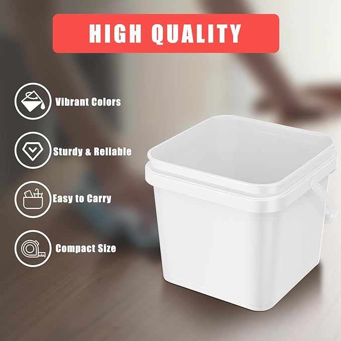 4 Pcs Plastic Bucket 5 Quart Square Bucket Utility Small Pail with Handle Sturdy Pail Organizer for House Cleaning Storage Livestock Feeding Car Washing Food Storage, No Lids(White)