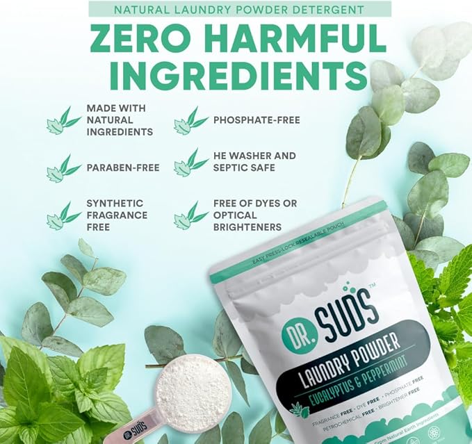 Dr Suds Natural Laundry Detergent Powder 4 Lbs 100+ Loads Scented with Eucalyptus and Peppermint Made with Natural Earth Ingredients Made in USA
