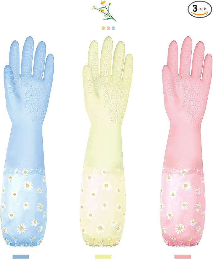KAQ Dishwashing Cleaning Gloves 3 Pairs-Reusable Rubber Gloves Non-Slip Laundry Kitchen Gardening Household Gloves(Long Cuff)
