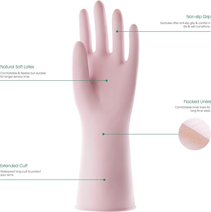 COOLJOB Medium Household Rubber Gloves with Cotton Liner & Non-slip Grip, Waterproof Long Lasting Dishwashing Gloves for Kitchen & Bathroom Cleaning, Light Pink, 1 Pair
