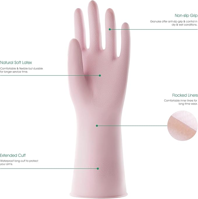 COOLJOB Large Household Rubber Gloves with Cotton Liner & Non-slip Grip, Waterproof Long Lasting Dishwashing Gloves for Kitchen & Bathroom Cleaning, Light Pink, 1 Pair