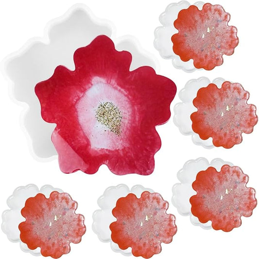 6 PCS Flower Silicone Resin Molds Large Resin Tray Mold Flower Shape Coaster Molds Flowers Shape Epoxy Casting Mold Cherry Blossom DIY Coaster Mould for Home Decoration