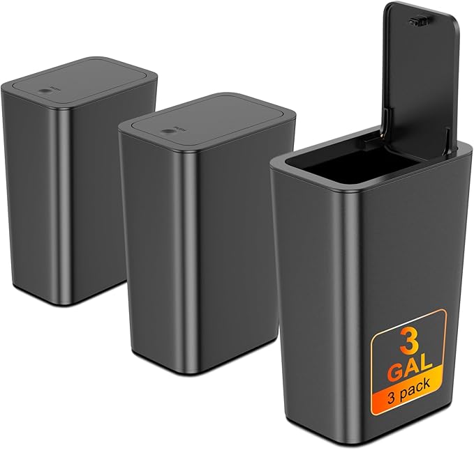 N. NETDOT 3 Pack 3 Gallon Small Trash Can with Lid, Bathroom Garbage Can with Pop-Up Lid, Waste Basket for Bathroom, Kitchen, Bedroom, Powder Room, Craft Room, Office, College (Black)