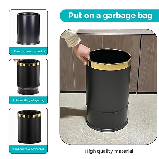 3.7 Gallon/14L Black Bathroom Trash Can Metal, Double Walled Waste Paper Basket, Bathroom Garbage Can, Elegant, Modern Office Waste Basket, for Bedroom, Kitchen, Hotel, Cafe, Business(14L black)