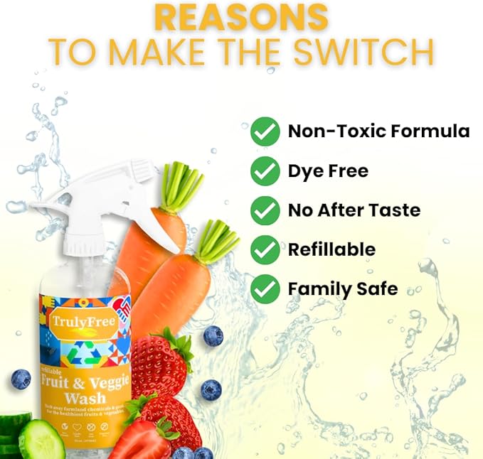 Truly Free Natural Fruit and Veggie Wash Kit - Produce Cleaner Spray (16oz Reusable Empty Bottle + Two Pouches, 3oz ea.) - DIY Vegetable Washer & Fruit Cleanser
