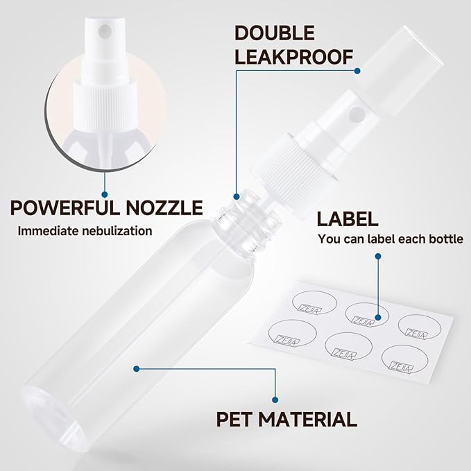 ZEJIA Small Refillable Mini Spray Bottle for Face, Liquids, Perfume - 2OZ Plastic Travel Spray Bottle with Labels (6 Pack)