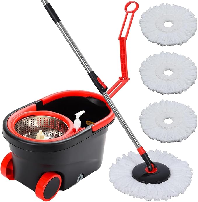 Spin Mop and Bucket with Wringer Set on Wheels, 360° Spinning Mop Bucket System with 3 Microfiber Mop Replacement Heads and 61" Stainless Steel Adjustable Handle for Floor Cleaning (25QT)