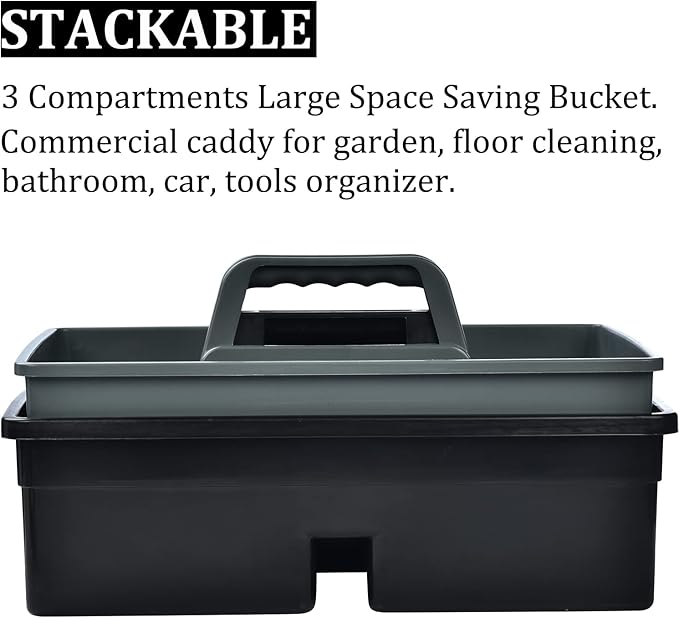 3-Compartment Plastic Cleaning Caddy Basket – Stackable Large Commercial Quality Plastic Tool Organizer Bucket with Handle, Black