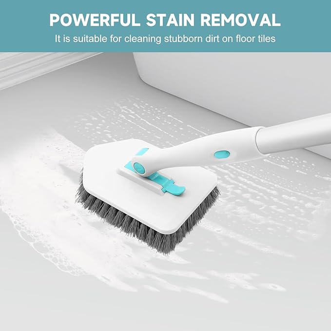 nacena Shower Scrubber with Long Handle, 3 in 1 Tile Tub Scrubber Brush with 3 Detachable Cleaning Heads Adjustable Handle Shower Cleaner Brush for Bathroom, Kitchen, Toilet, Wall, Sink, Blue White