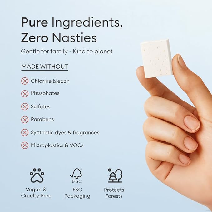 Vove Plastic-Free Laundry Detergent Blocs - 60 Ultra-Concentrated Tablets, Better Than Pods & Sheets - 5-Layer PureStack Technology, 3X Enzyme Power, Fragrance Free, Eco-Friendly