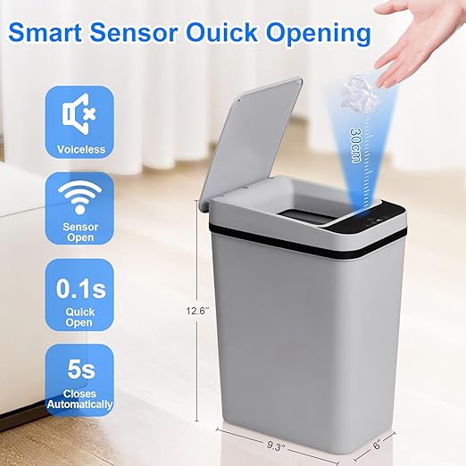 Smart Touchless Bathroom Trash Can 2.2 Gallon Automatic Motion Sensor Rubbish Can with Lid Electric Narrow Small Garbage Bin for Kitchen, Office, Toilet, Bedroom (Grey)