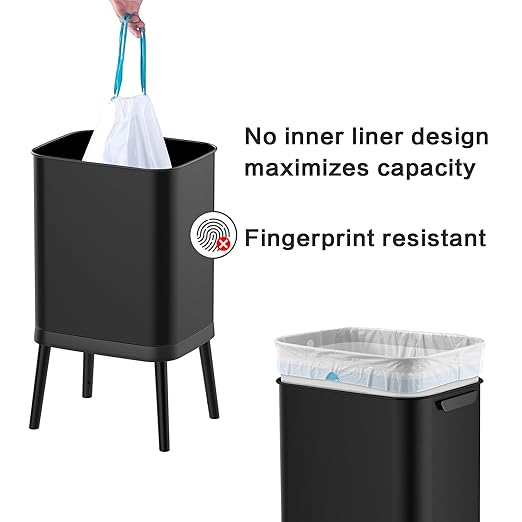 10.5 Gal Stainless Steel Touchless Sensor Trash Can with, Wide Rectangular Design, Brushed Finish – Automatic Lid, Raised Legs (Black)