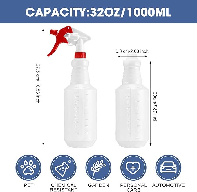 Zubebe 24 Pack 32 oz Plastic Spray Bottle Bulk Empty Leakproof Heavy Duty Spray Bottles for Cleaning Supplies Mist Bottles with Label and Adjustable Nozzle for Plant(Red, White,Clear Scale)