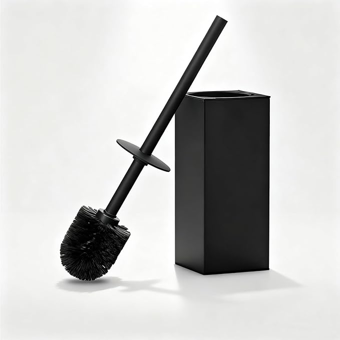 Toilet Brush and Holder Set, NEWRAIN Stainless Steel Toilet Brush with Long Brush Handle, Matte Black Toilet Scrubber and Covered Holder, Square Design Sturdy and Space Saving