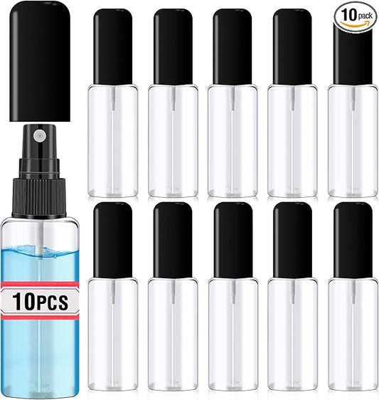 10 Pack 2oz/55ml Plastic Spray Bottles Travel Size Spray Bottle with Black Cap Empty Fine Mist Spray Bottles Refillable Liquid Container for Perfumes Travel Makeup