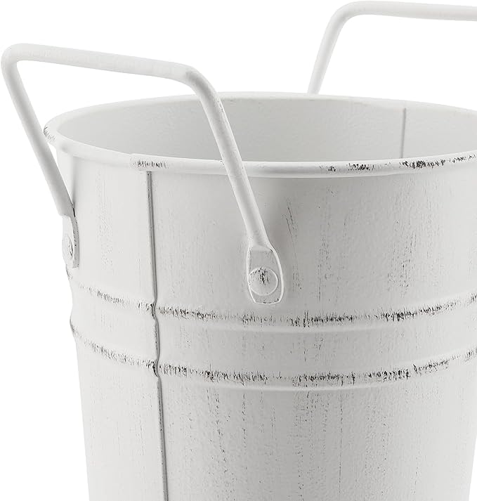 4 Pack 9 Inch Tall Galvanized French Flower Bucket, White Farmhouse Vintage Metal Vases with Handle for Floral Wedding Arrangements
