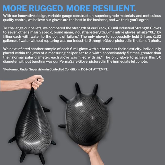 PermaSafe HD Black Disposable Nitrile Industrial Gloves, 6+ Mil, Latex-Free, Raised Textured, Mechanics, Medical, Food, More - Large Box of 1000