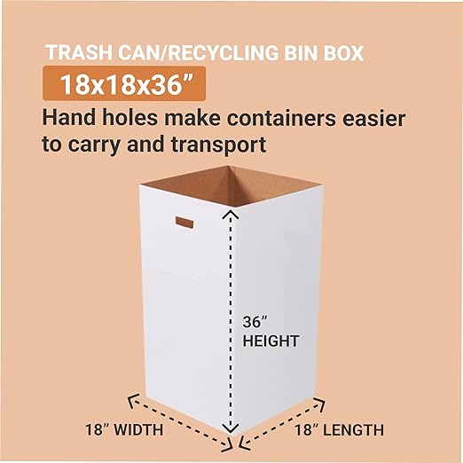 BOX USA Cardboard Trash Cans and Recycling Bins, 50 Gallon 18" L x 18" W x 36" H (10-Pack) Reusable or Disposable Pop Up Garbage Boxes for Parties, Outdoor Events, Heavy Duty, Plain