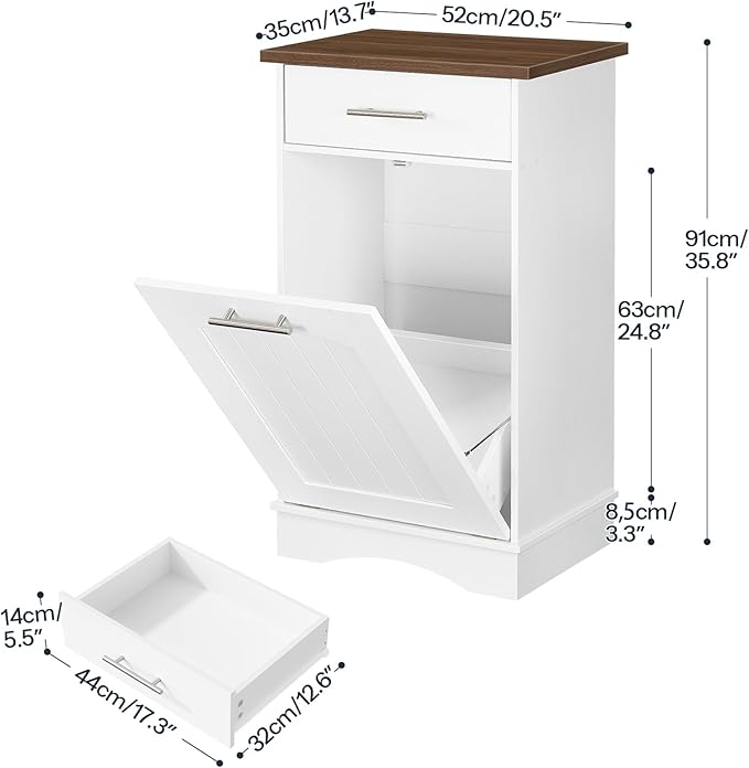 HOOBRO 10 Gallon Tilt Out Trash Cabinet, Kitchen Trash Can,Trash Bin Storage, with Flip Door and Large Drawer, Hidden Laundry Hamper Cabinet, for Kitchen, Laundry, White and Walnut WH02LJ01